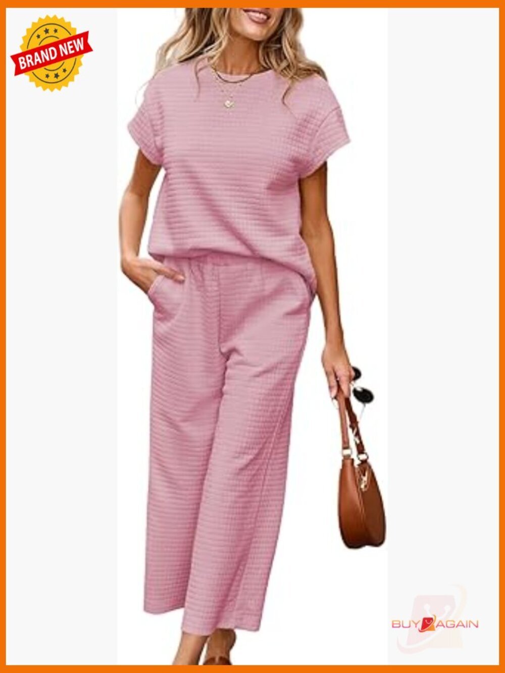 Two Piece Sweatsuit Lounge Set - Waffle Knit Tops & Wide Leg Pants
